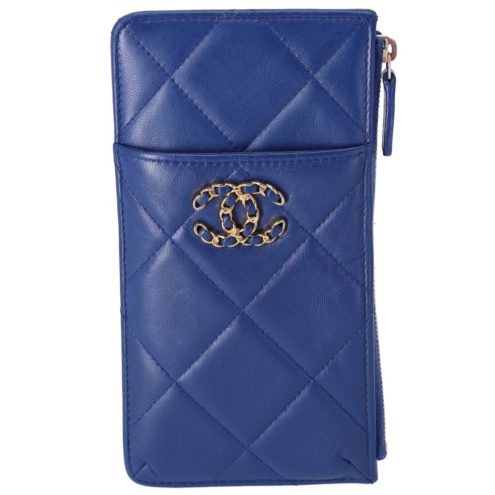 CHANEL 19 Matelasse Accessory Wallet Card Case AP1182 Blue Lambskin